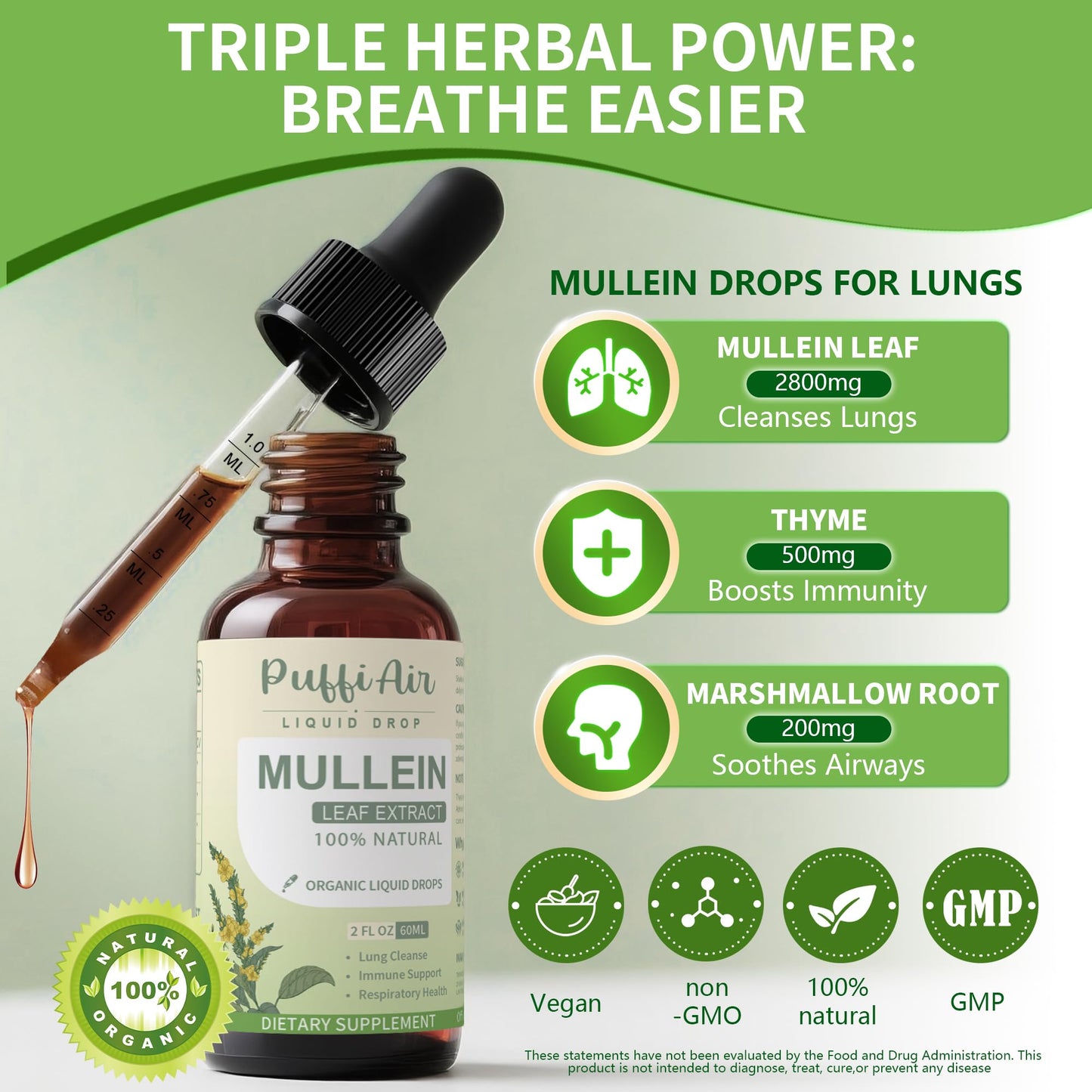 Vegan lung health supplement Puffiair Mullein Drops 120ml