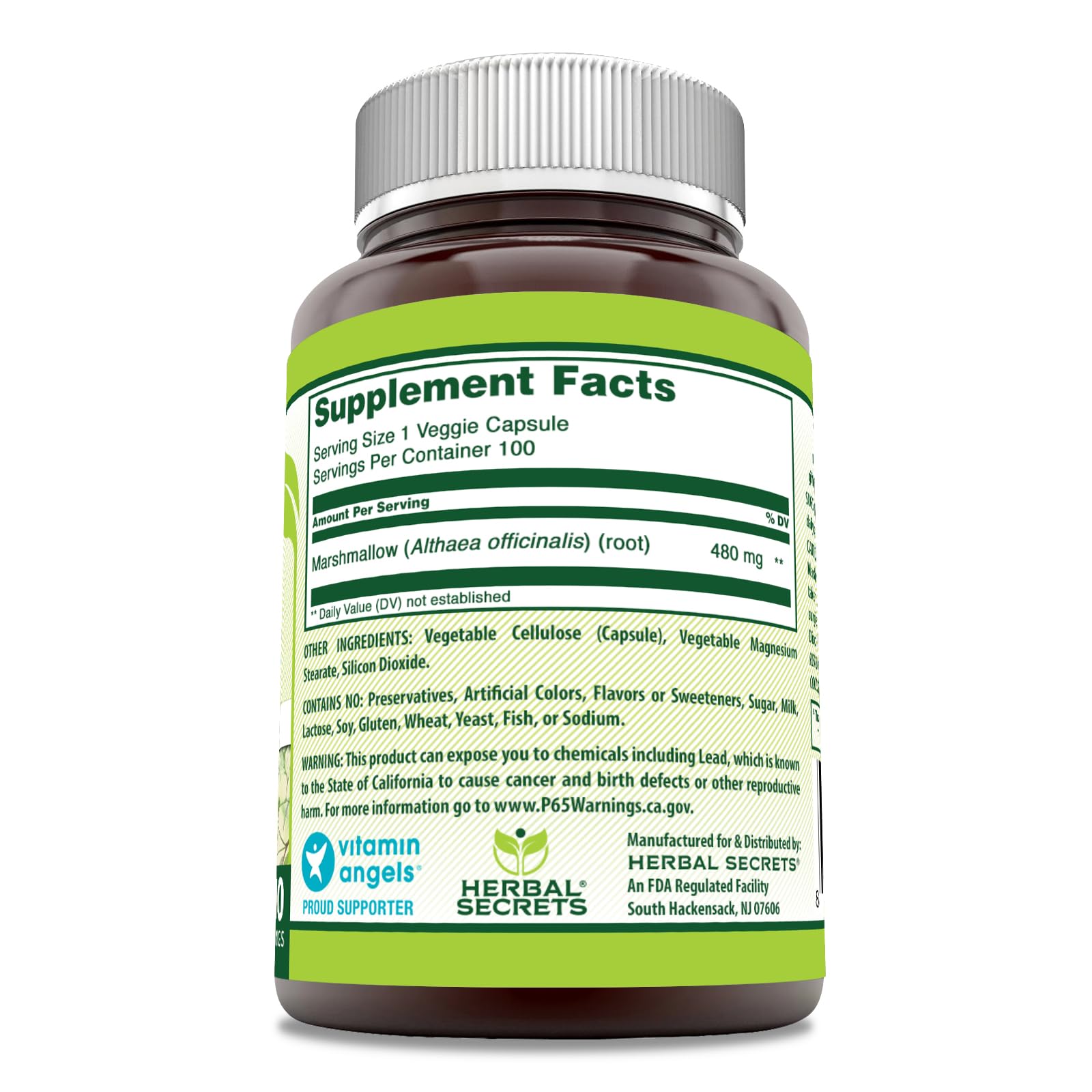 Herbal Secrets Marshmallow Root supplement bottle label details