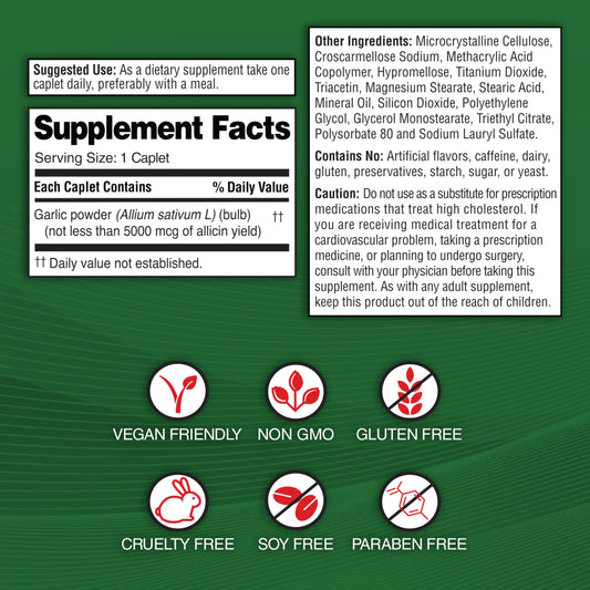 Garlique healthy cholesterol formula supplement packaging showing allicin dosage