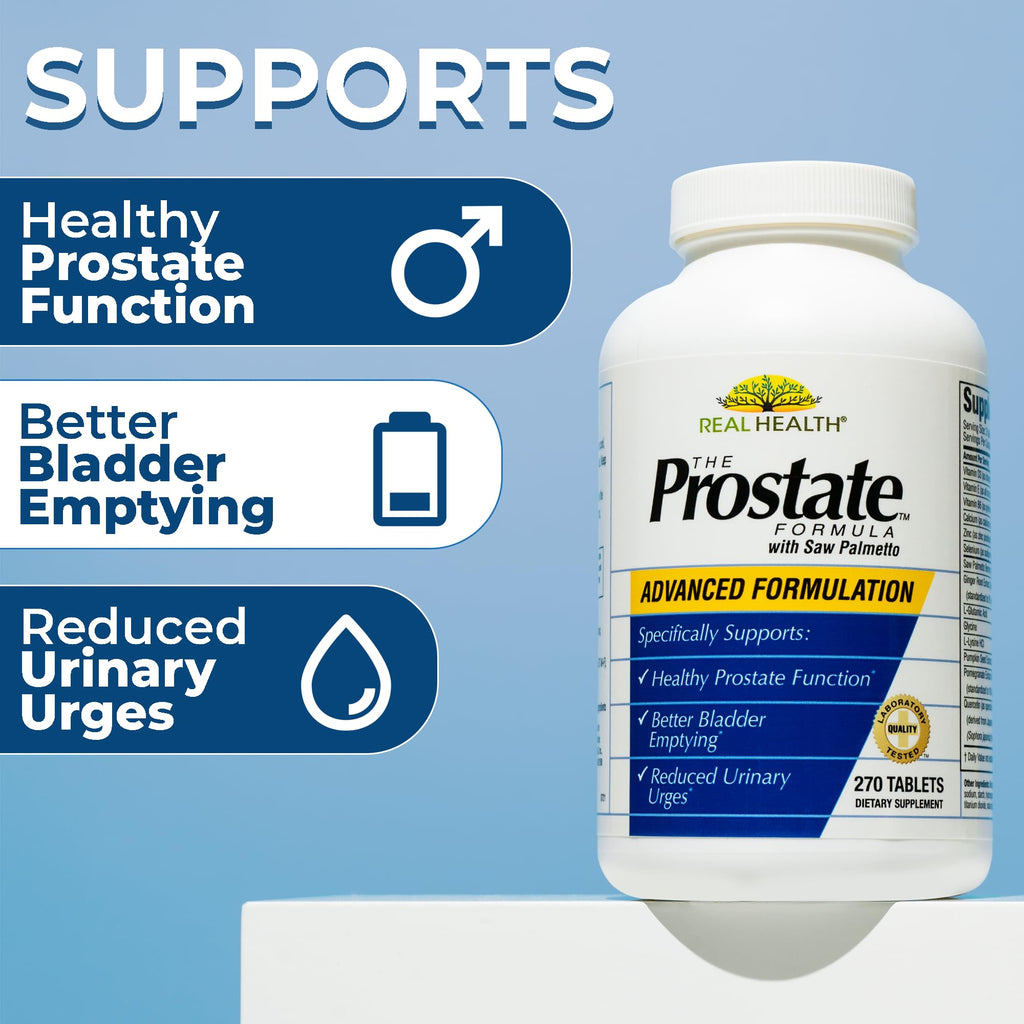 Side view of Real Health men's urinary health tablets showing official US import label and serving size information