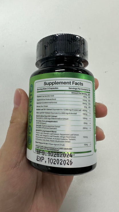 Supplement facts label on Megneta lung health bottle