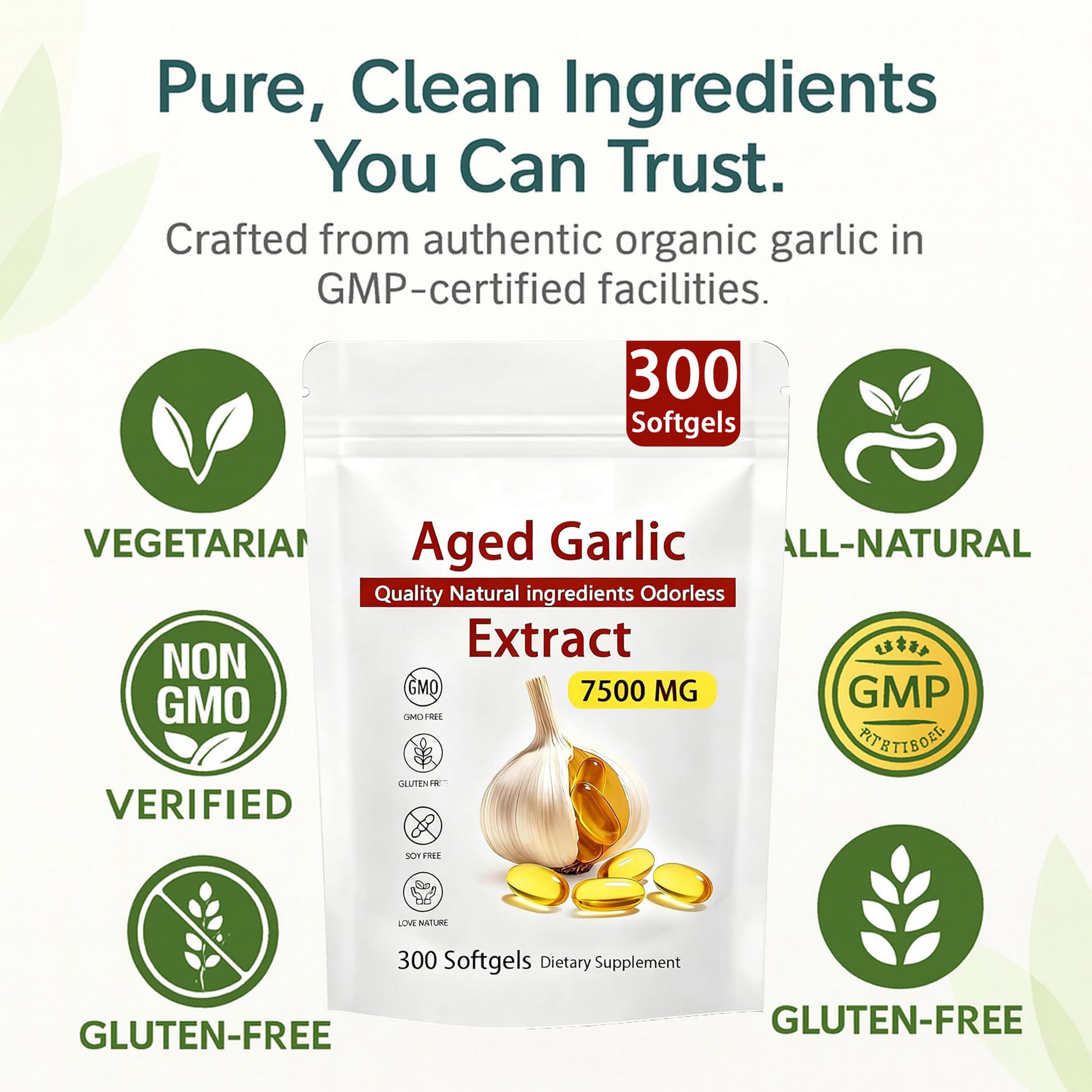 Odorless and gentle two year matured garlic extract capsules for immune system defense.