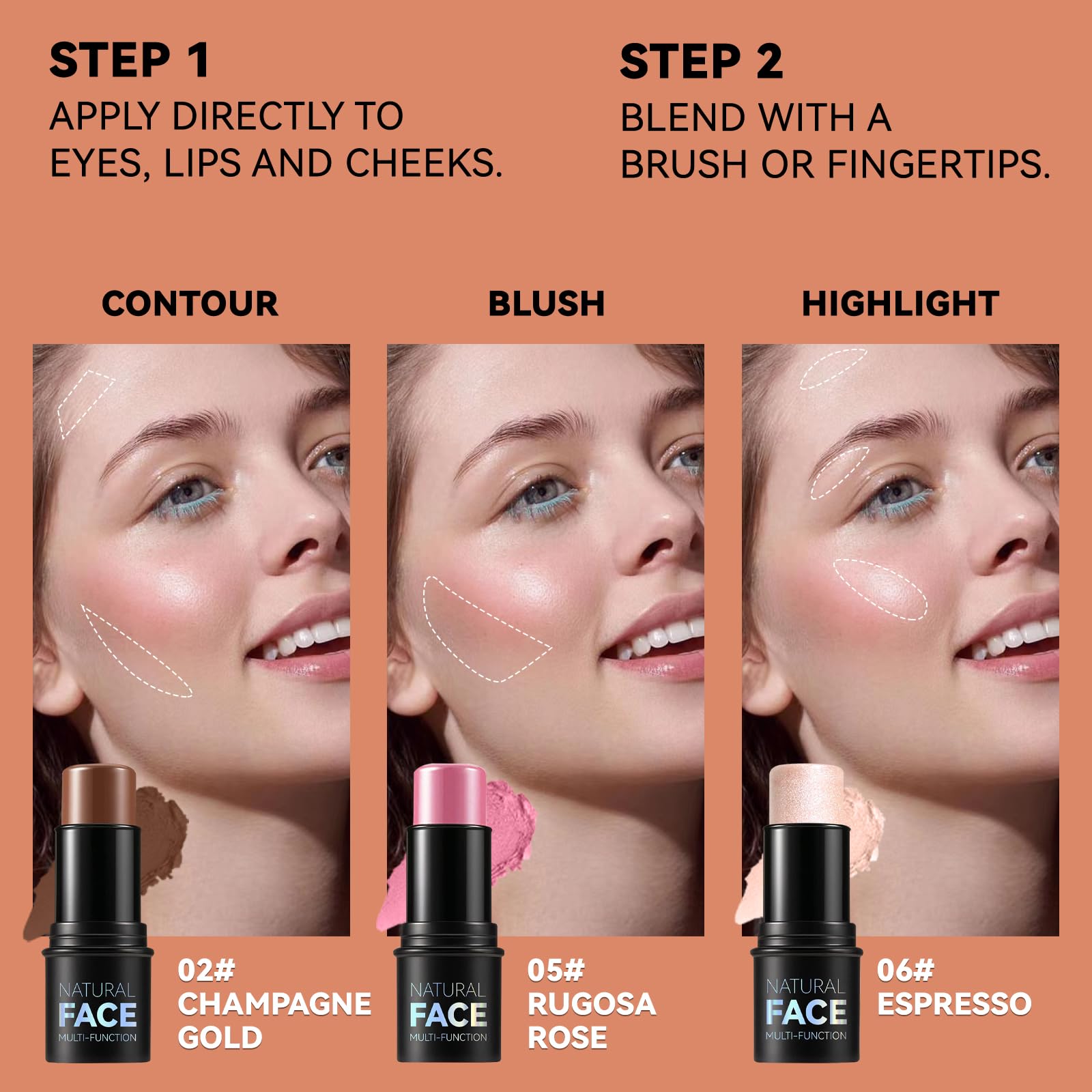 Creamy texture swatches of the Light Medium cream contour bronzer blush and highlighter sticks