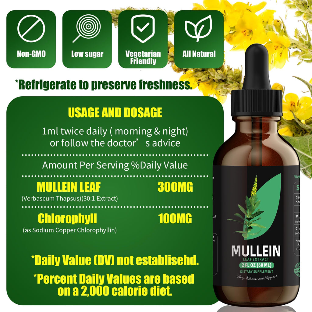 An amber glass bottle of imported mullein leaf liquid tincture with its precision dropper top visible