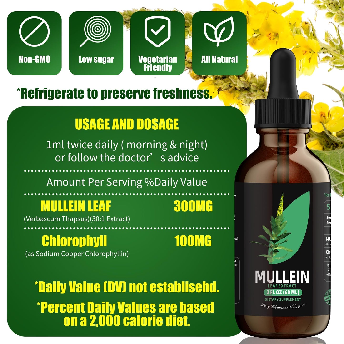 An amber glass bottle of imported mullein leaf liquid tincture with its precision dropper top visible