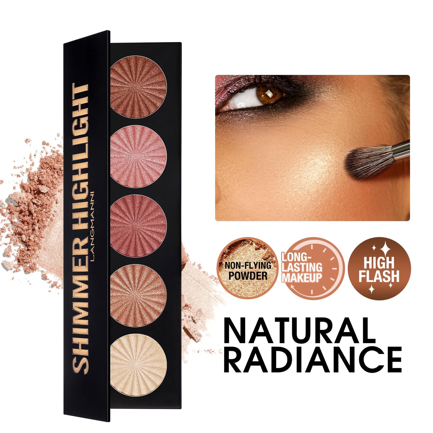 Open five color baked face illuminator makeup kit revealing brilliant sparkling shades.
