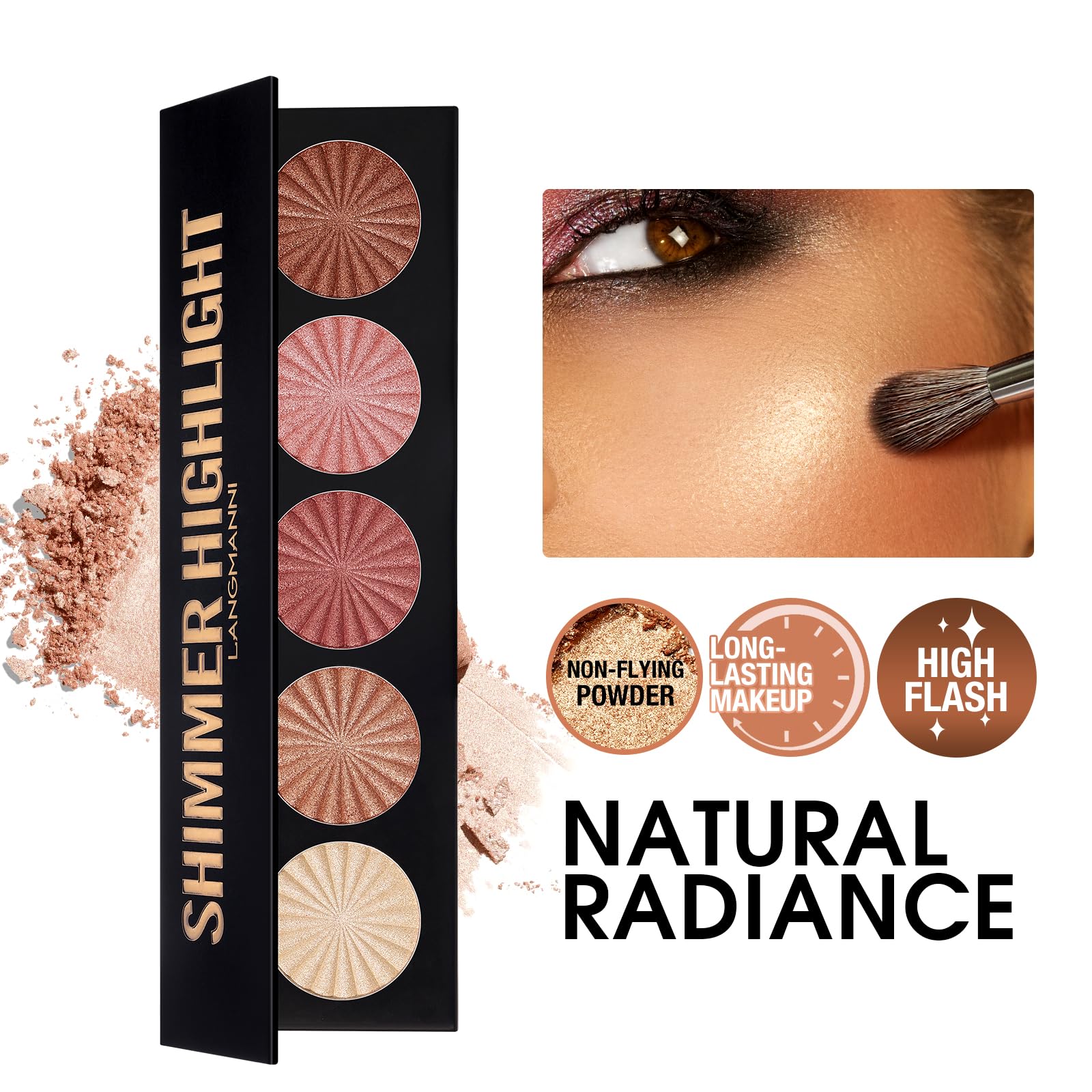 Open five color baked face illuminator makeup kit revealing brilliant sparkling shades.