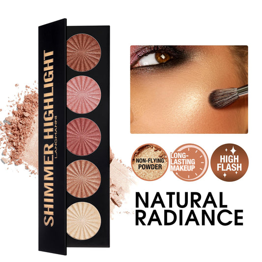 Open five color baked face illuminator makeup kit revealing brilliant sparkling shades.