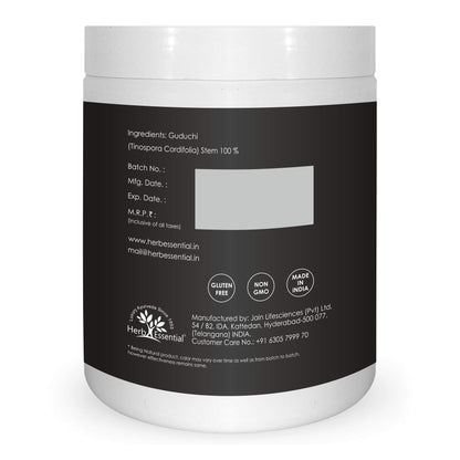 Herb Essential Tinospora Cordifolia herbal supplement container showcasing vegan certification