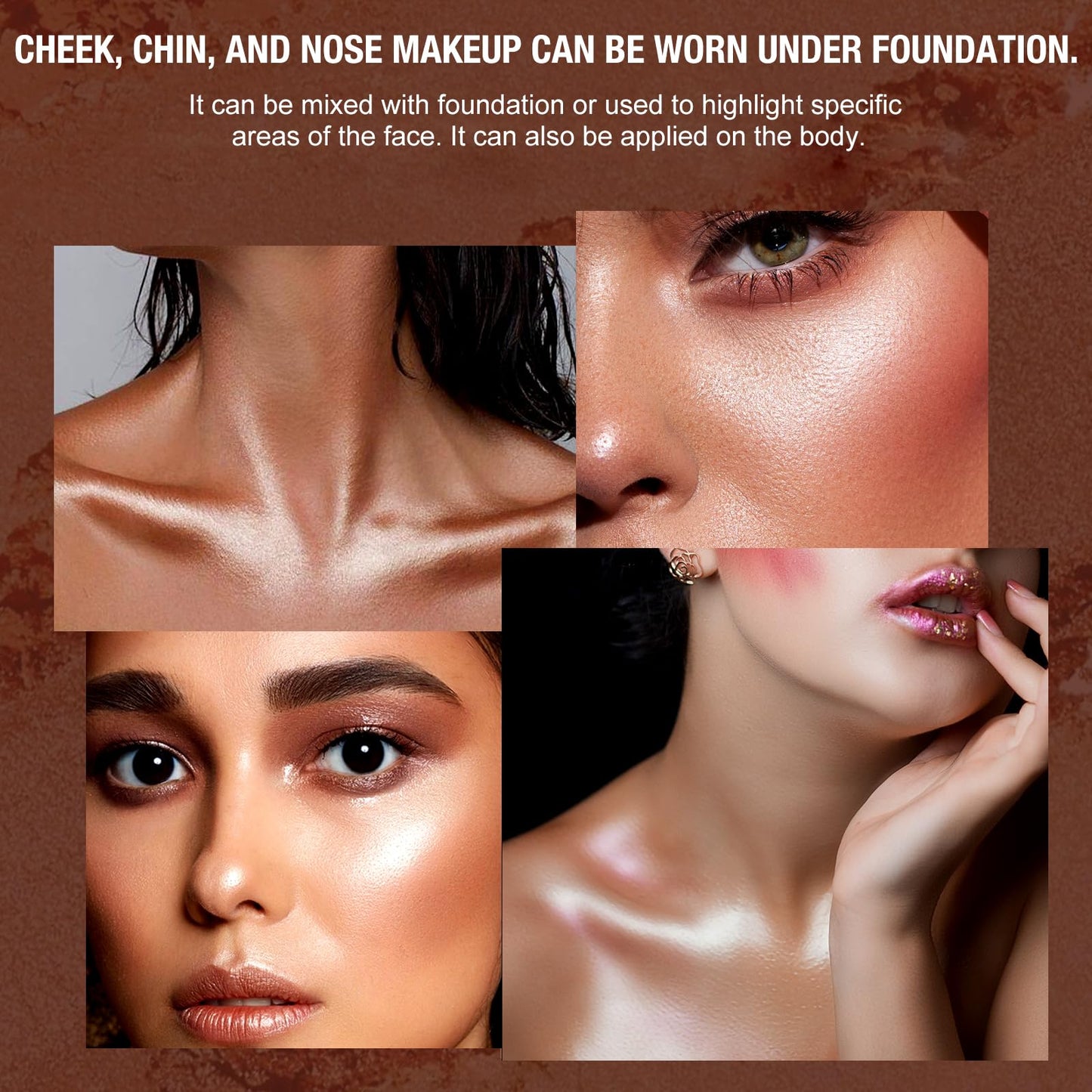 Waterproof facial bronzer and high gloss contour powder palette for a long lasting dewy glow.