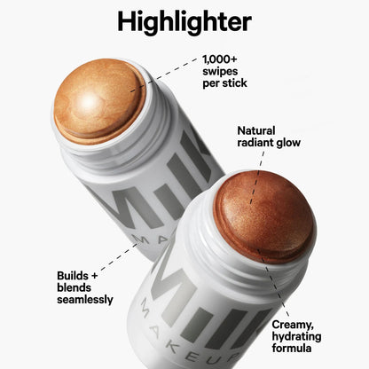 Milk Makeup Lit Champagne Pearl highlighter stick texture and packaging close up