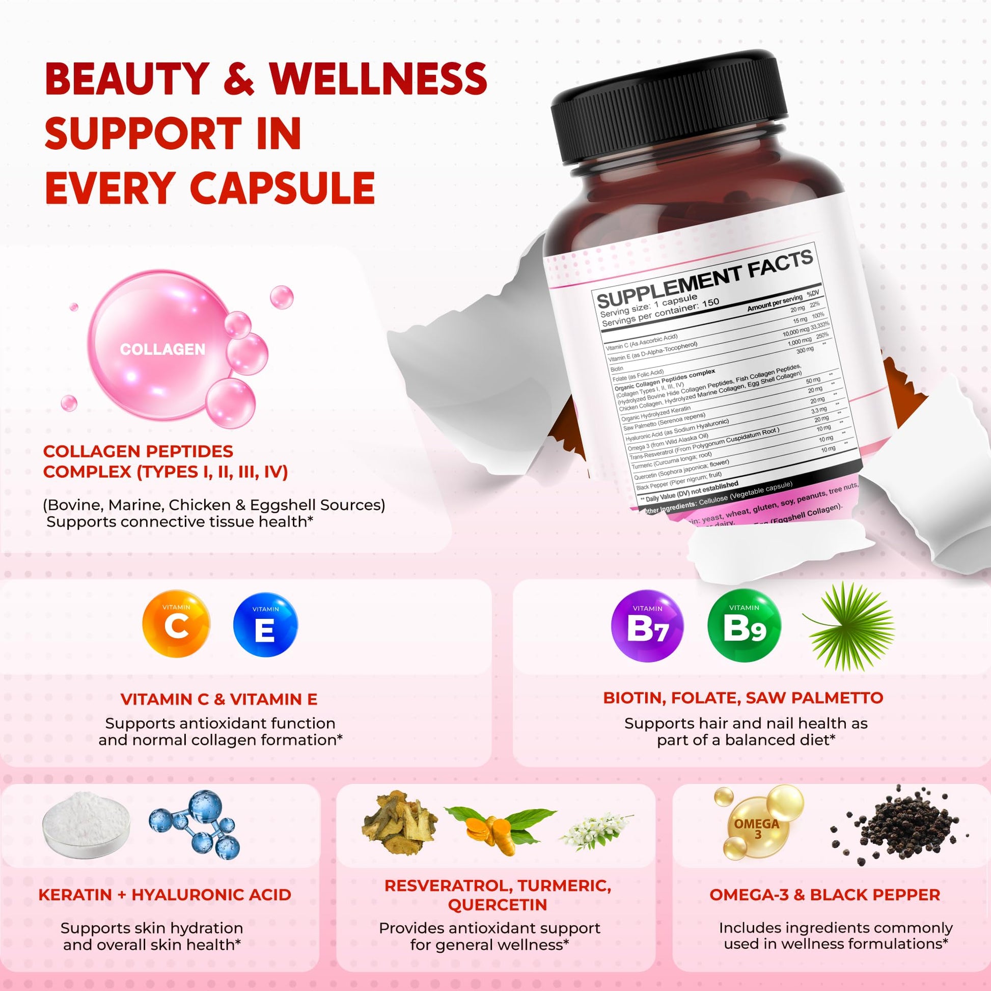 Close up view of non GMO gluten free PEAKPURY collagen biotin dietary supplement