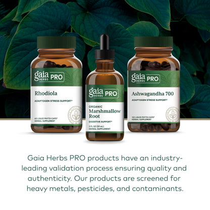 Side profile of Gaia Herbs organic liquid supplement bottle