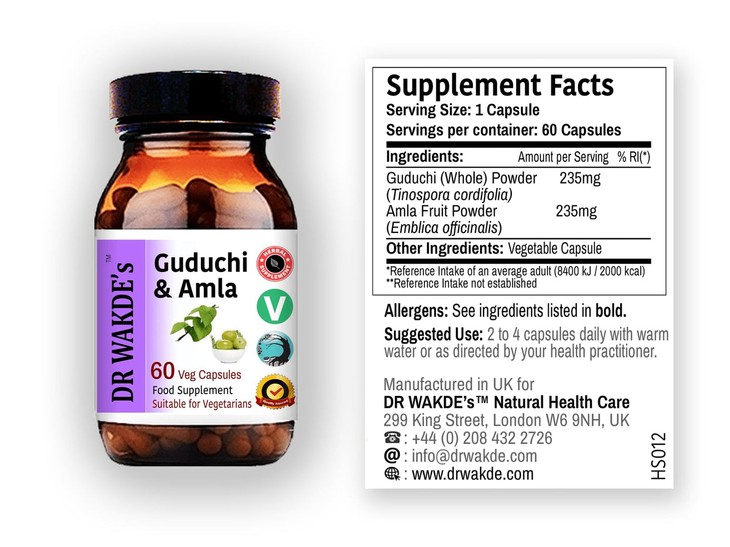 Side view of DR WAKDE'S herbal blend packaging highlighting vegetarian and vegan suitability logos