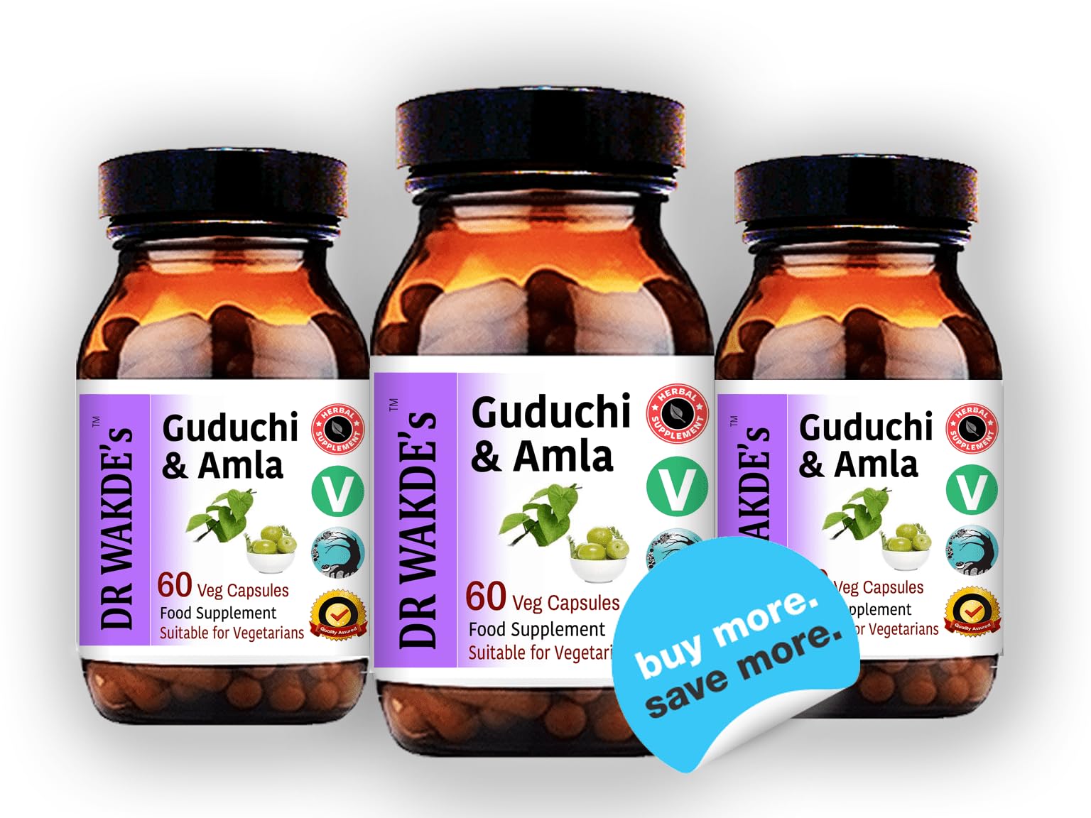 Back label of DR WAKDE'S Guduchi and Amla dietary supplement showcasing usage instructions and allergen facts