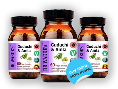 Back label of DR WAKDE'S Guduchi and Amla dietary supplement showcasing usage instructions and allergen facts