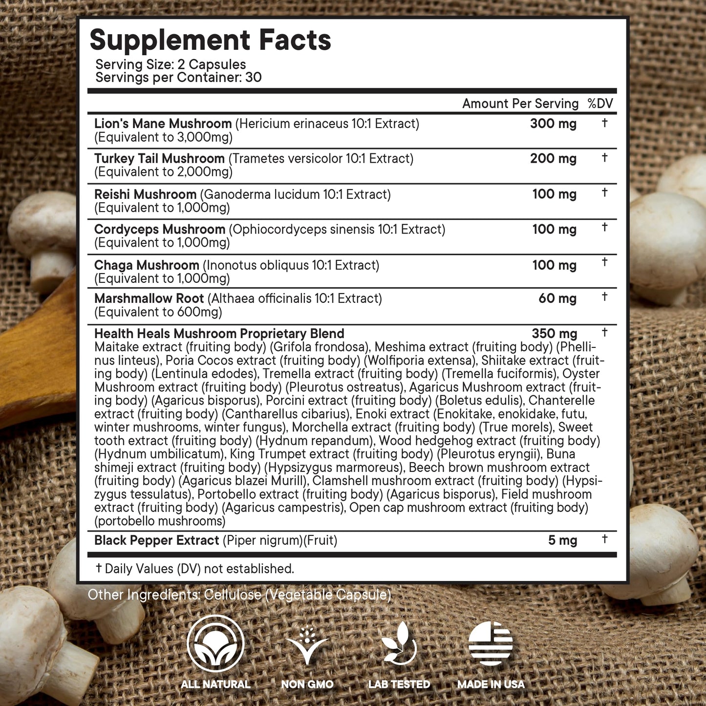 Health Heals mushroom blend capsule bottle labels and ingredients