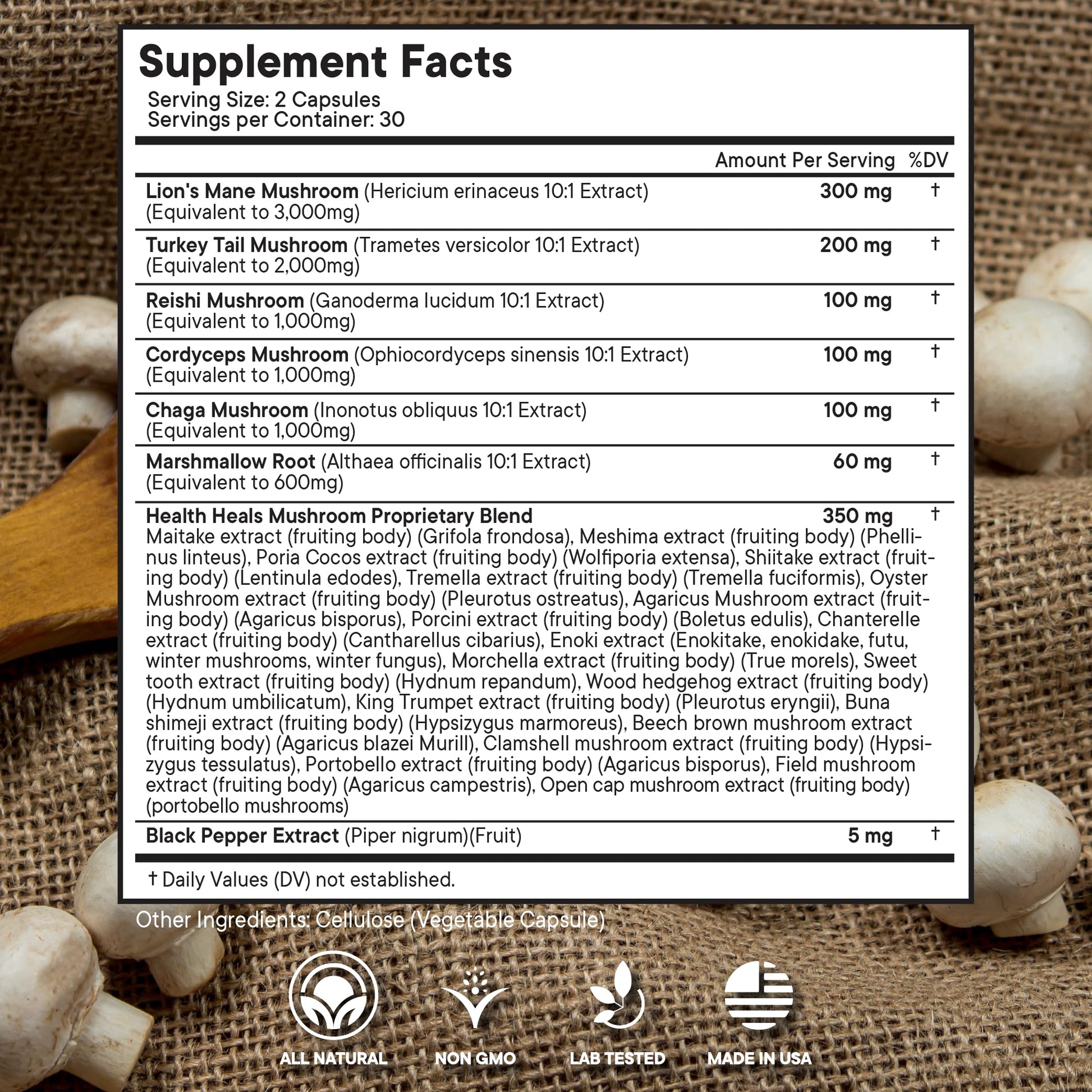 Health Heals mushroom blend capsule bottle labels and ingredients