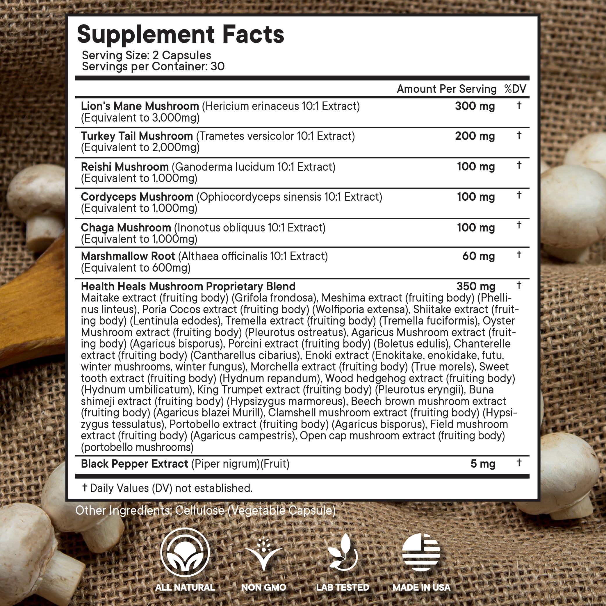 Health Heals mushroom blend capsule bottle labels and ingredients