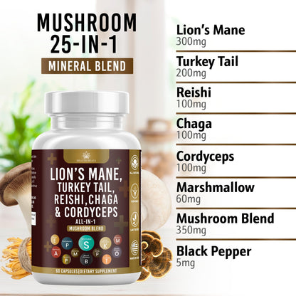Close up of Health Heals supplement bottle with mushroom icons