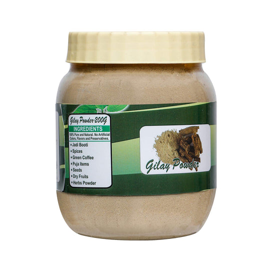Pure forest Guduchi stem powder textured close up showing Tinospora cordifolia color