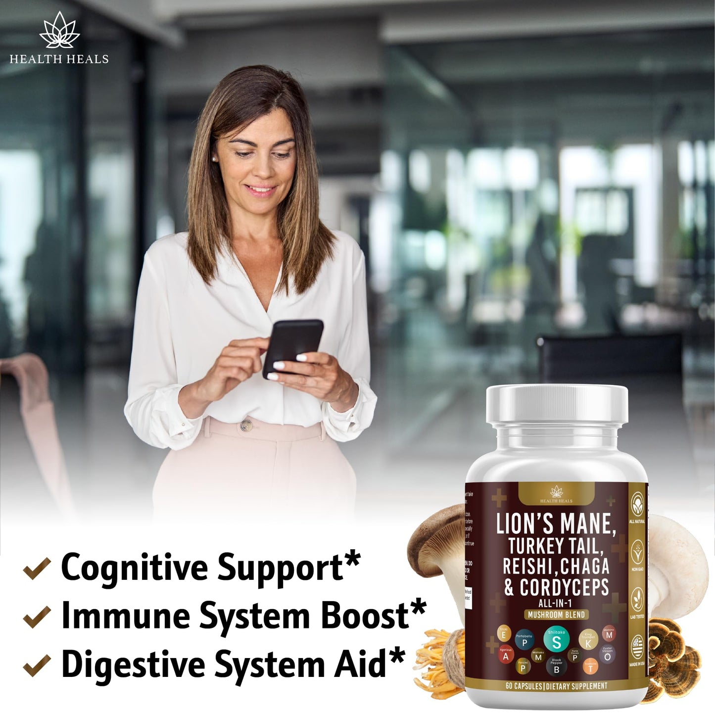Health Heals Lion's Mane and Reishi supplement bottle side profile