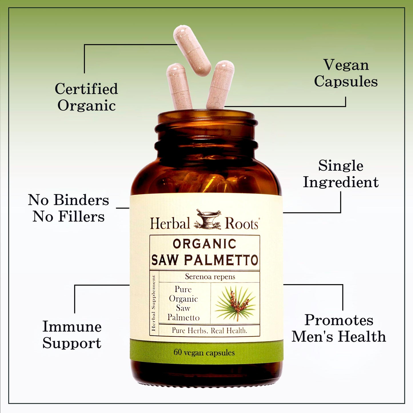 Herbal Roots Organic Saw Palmetto plant based pills spilling from the bottle top