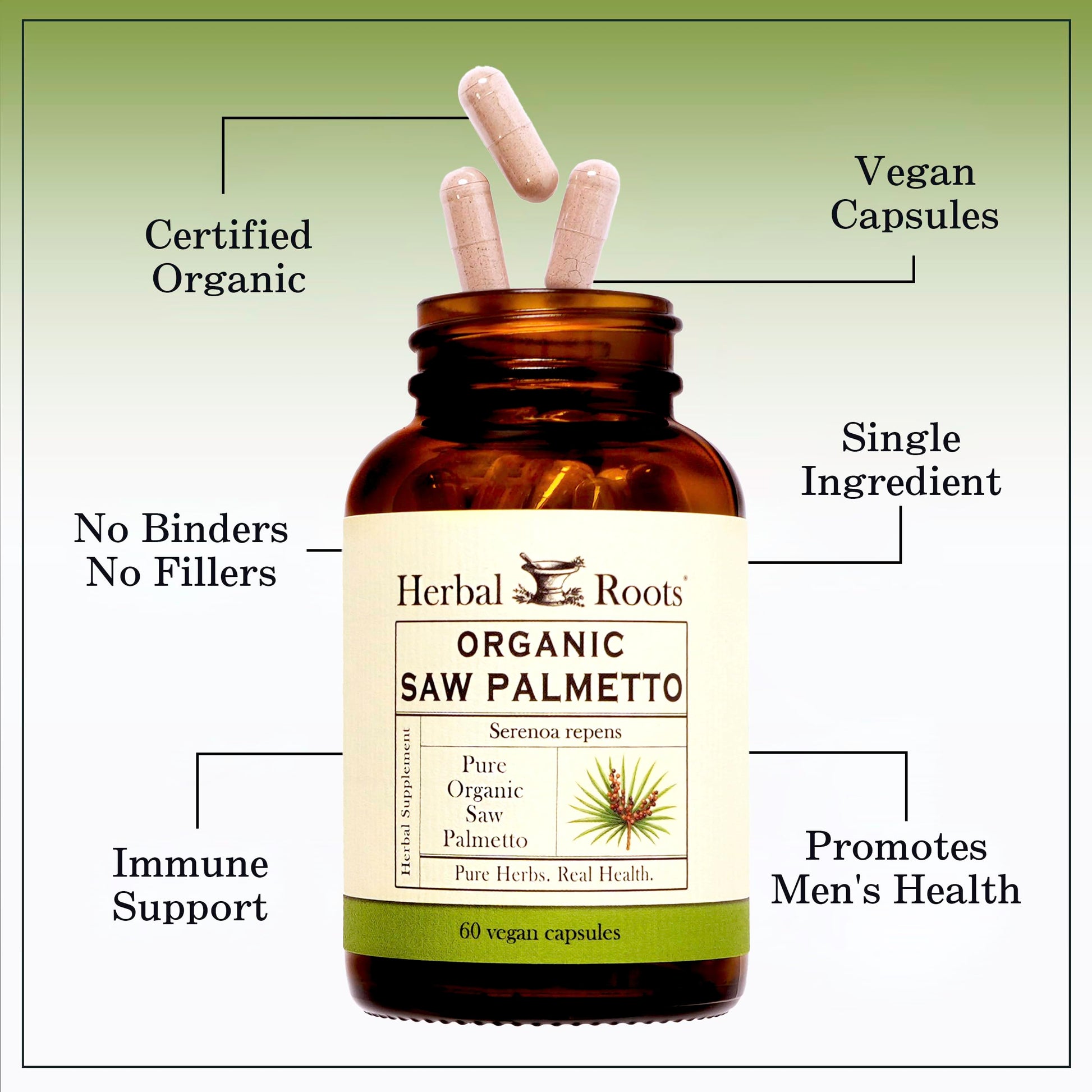 Herbal Roots Organic Saw Palmetto plant based pills spilling from the bottle top