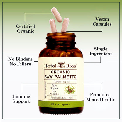 Herbal Roots Organic Saw Palmetto plant based pills spilling from the bottle top