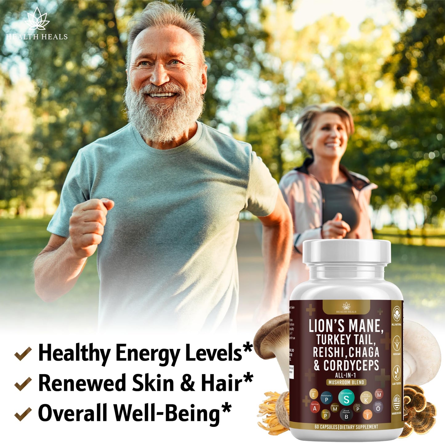 Top down view of Health Heals USA imported mushroom supplement bottle