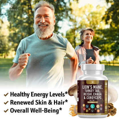 Top down view of Health Heals USA imported mushroom supplement bottle