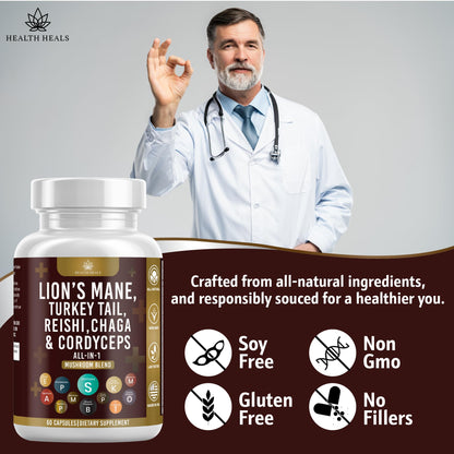 Health Heals 60 count mushroom supplement packaging details