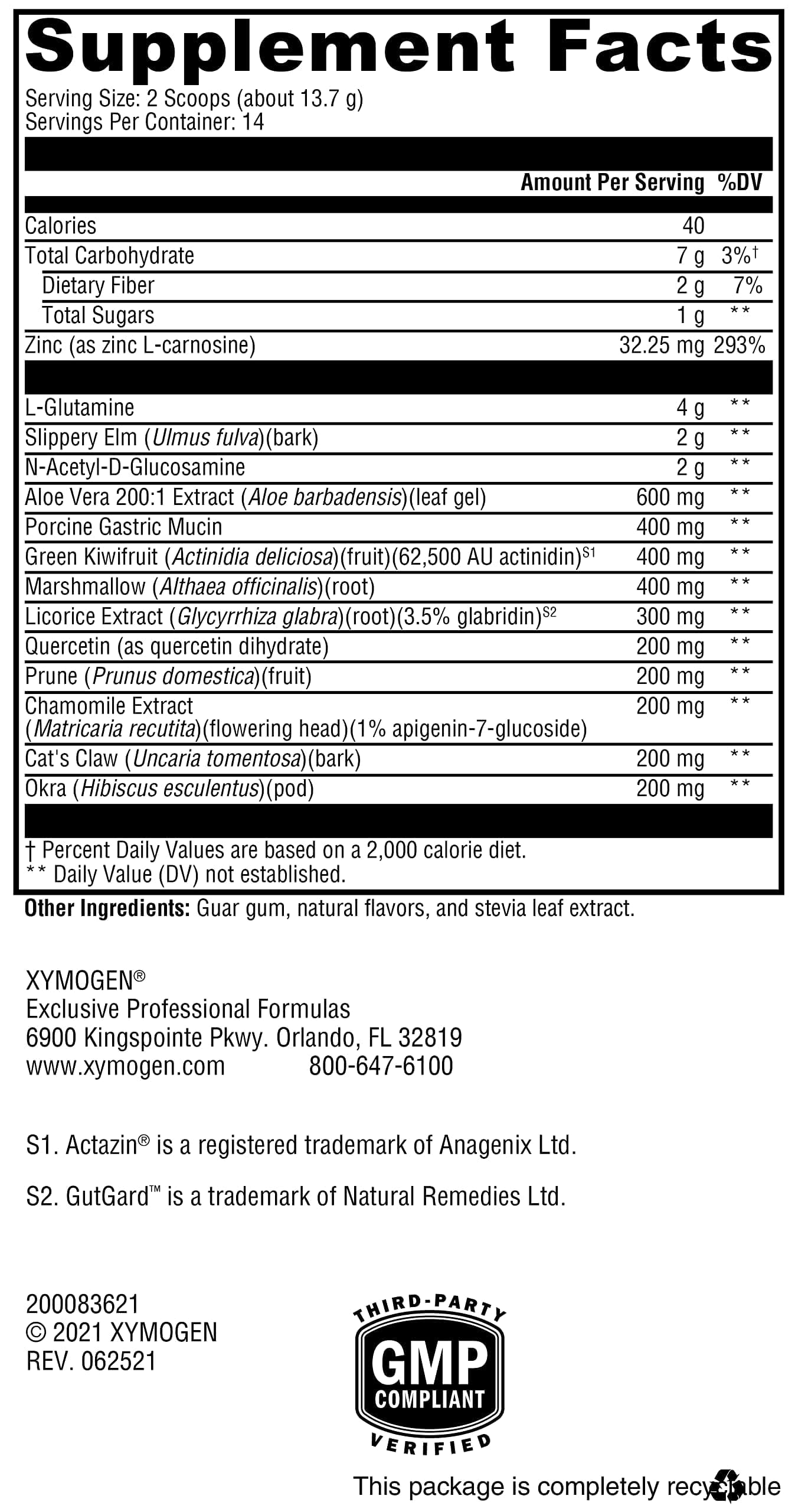 Xymogen GI Balance dietary supplement label showing ingredients