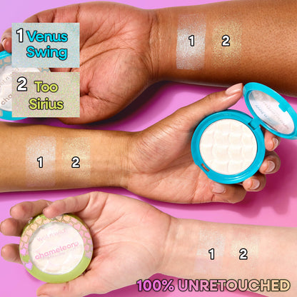 Color shifting iridescent makeup highlighter swatch under direct light