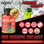 Side view of Agobi saw palmetto bottle listing gluten free and non GMO features