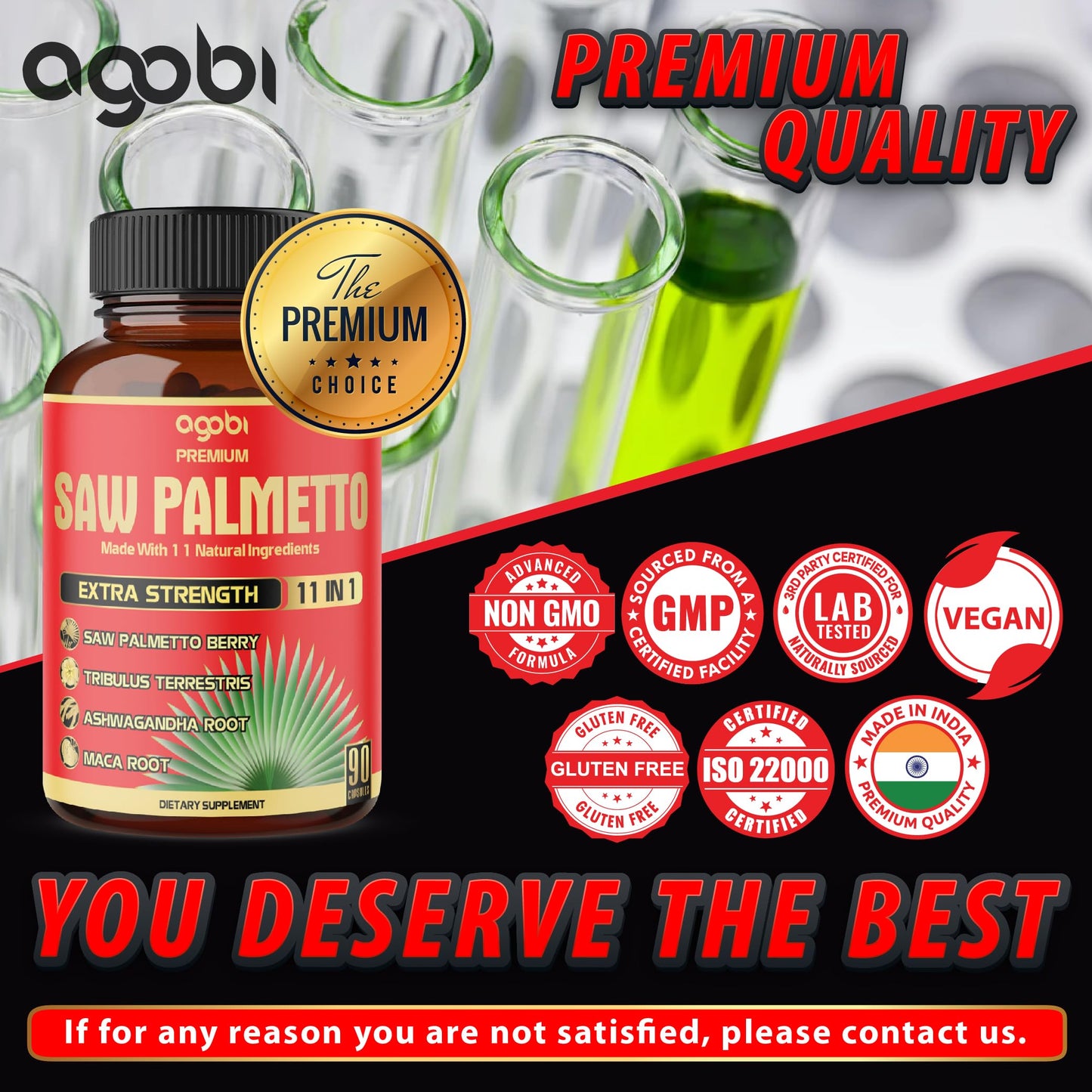 Side view of Agobi saw palmetto bottle listing gluten free and non GMO features