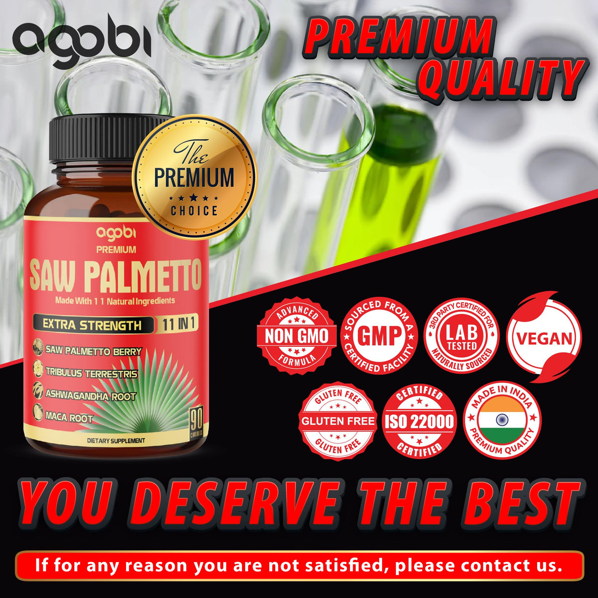 Side view of Agobi saw palmetto bottle listing gluten free and non GMO features