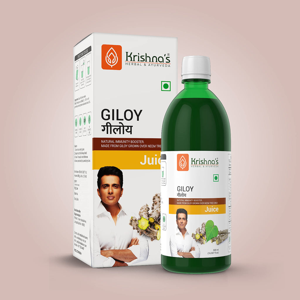 Two bottles of Krishna's Herbal & Ayurveda Giloy Guduchi Juice for natural metabolism support.