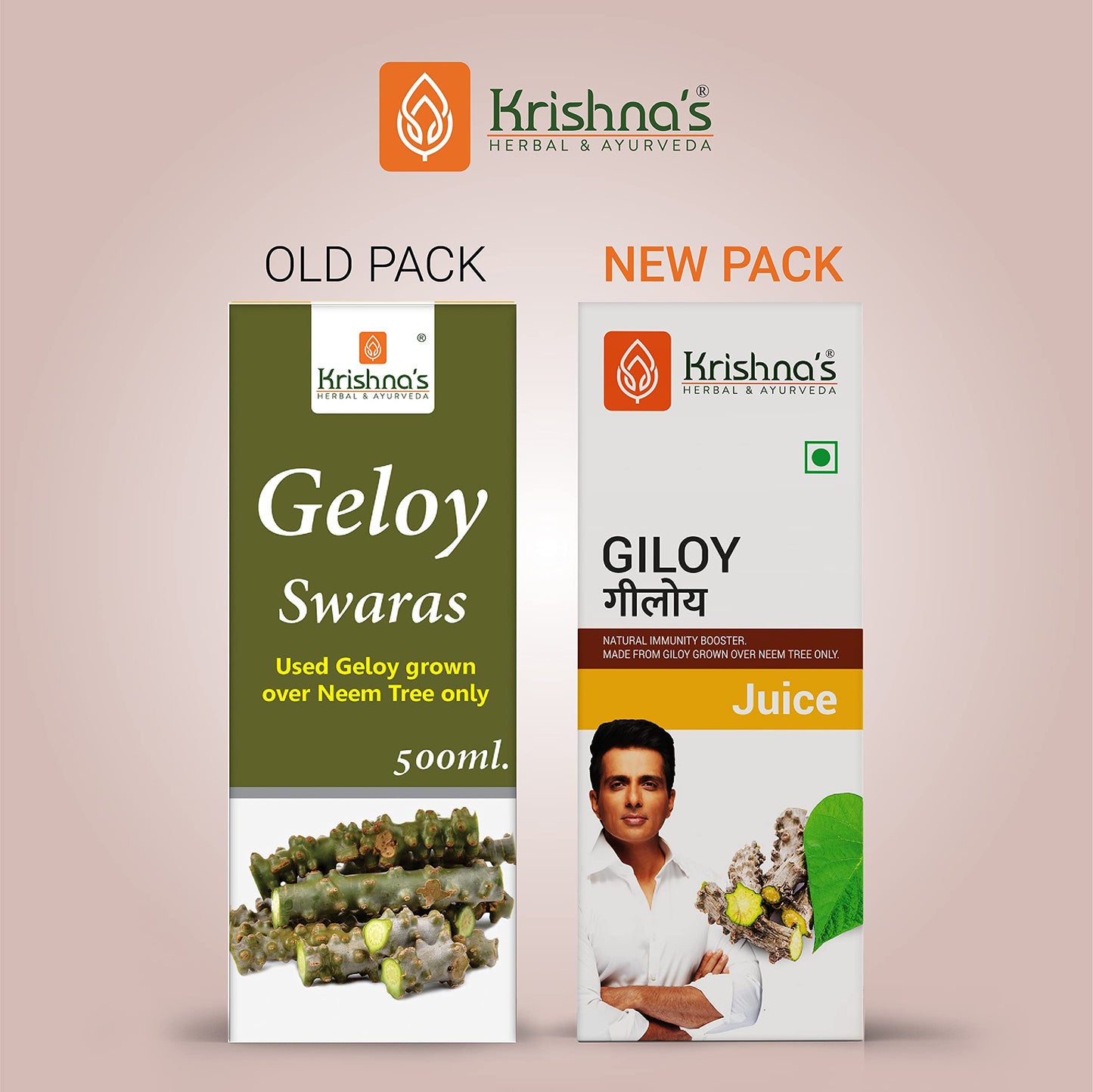 Close-up of the label on Krishna's Herbal Ayurveda Giloy Juice emphasizing the neem-grown formula.