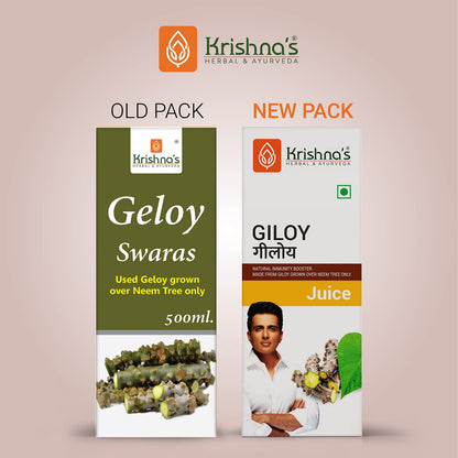 Close-up of the label on Krishna's Herbal Ayurveda Giloy Juice emphasizing the neem-grown formula.