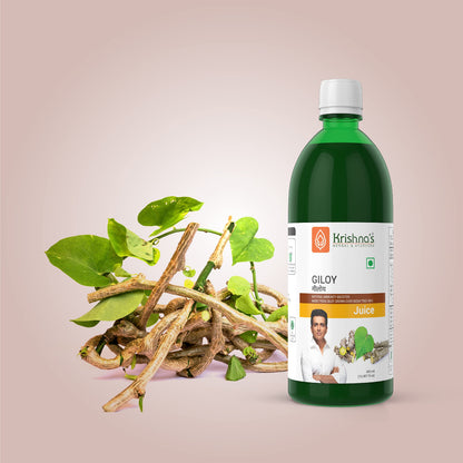 Side view of Krishna's Ayurveda Giloy Juice pack of two highlighting ingredients and usage directions.