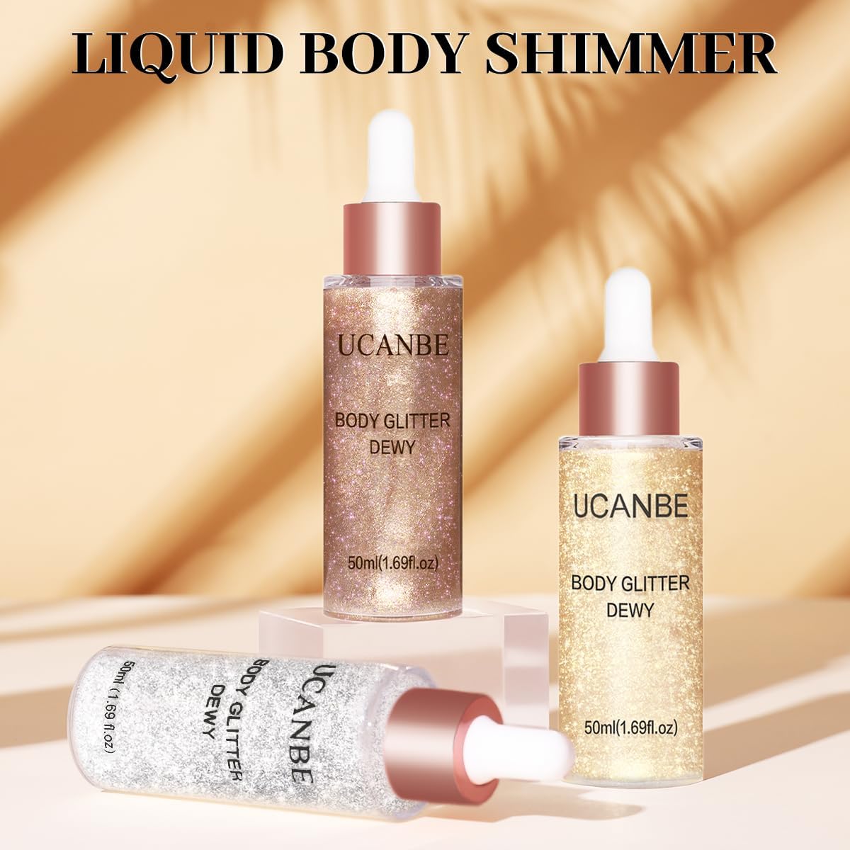 UCANBE imported USA beauty body shimmer oil tint container angle