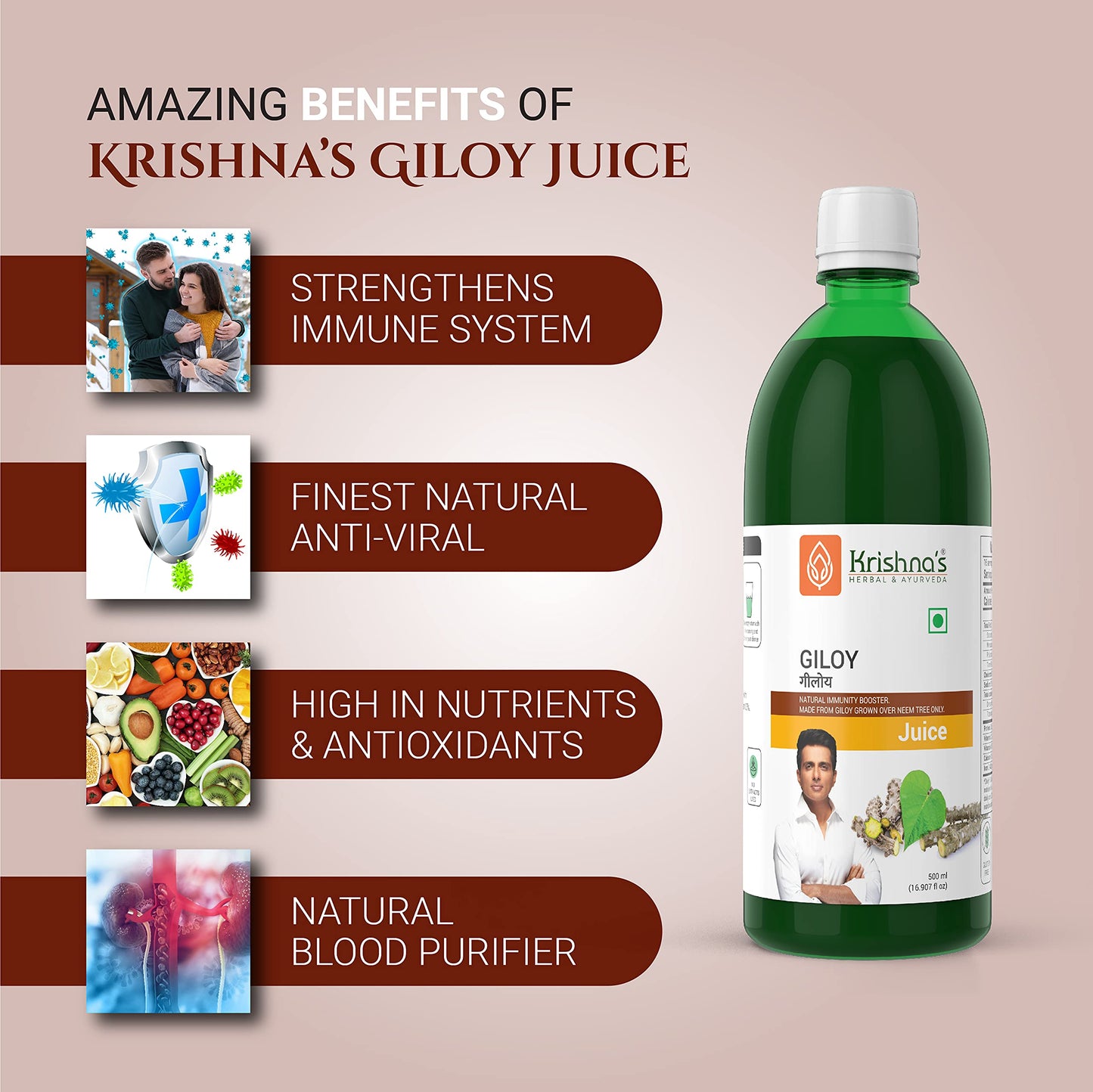 Krishna's Herbal and Ayurveda Giloy Guduchi pack showing nutritional facts and blood purification benefits.