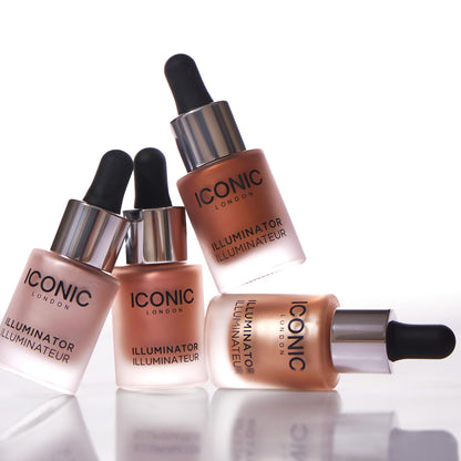 Liquid highlighter drops texture swatch showing radiant multi-dimensional pearl shimmer