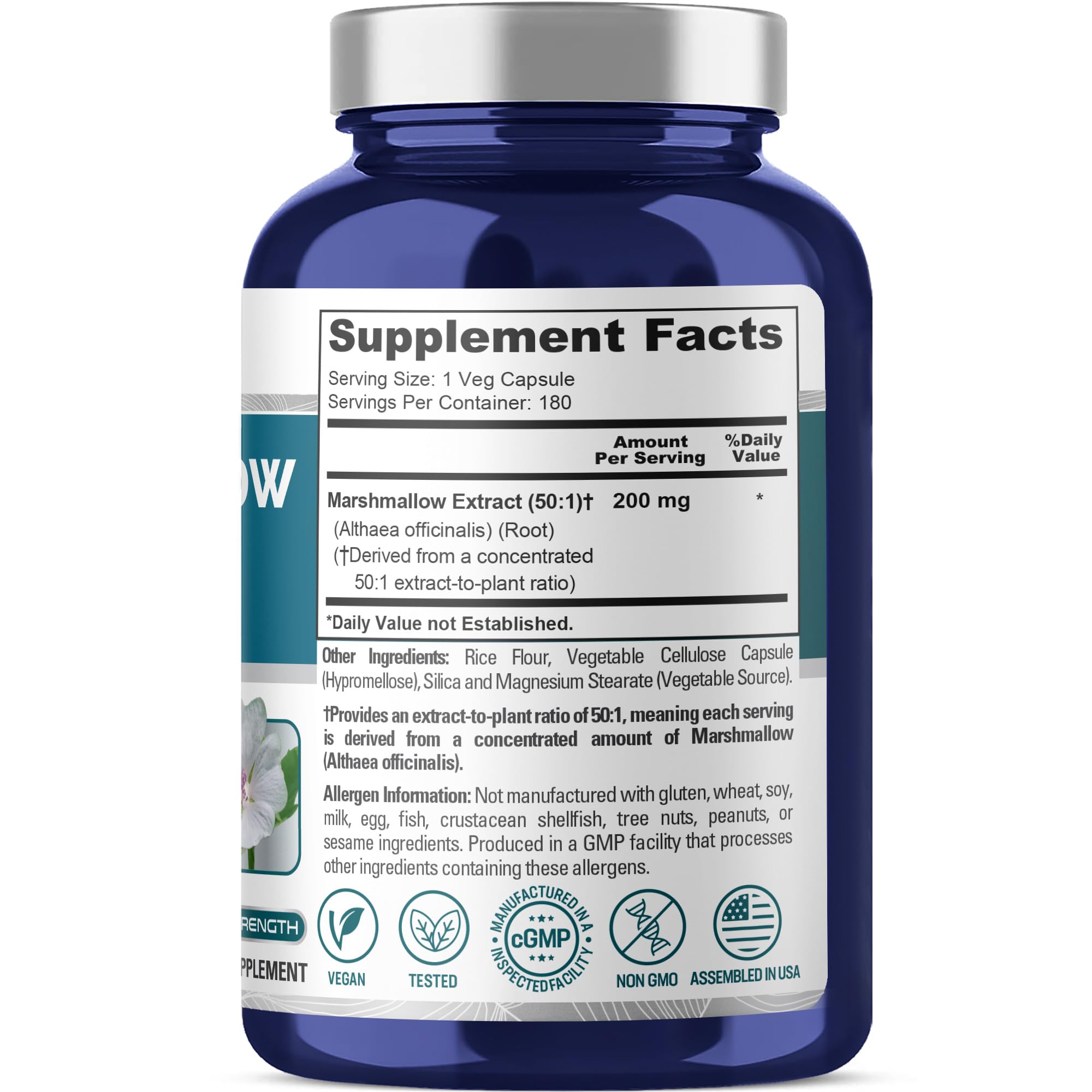 NusaPure Marshmallow Root 180 veggie capsules label details