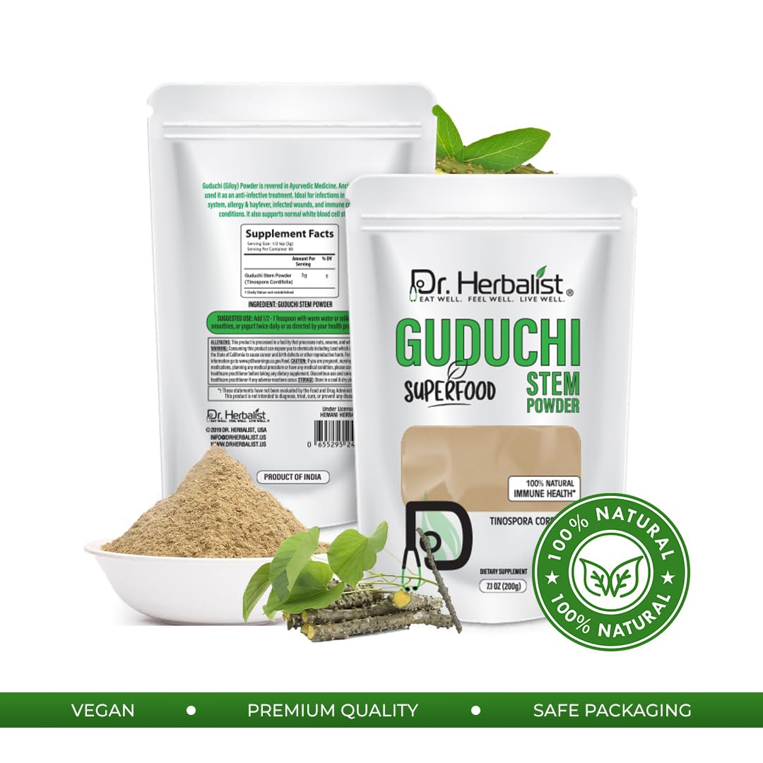 Dr. HERBALIST Giloy Tinospora cordifolia unflavored superfood powder packaging details.