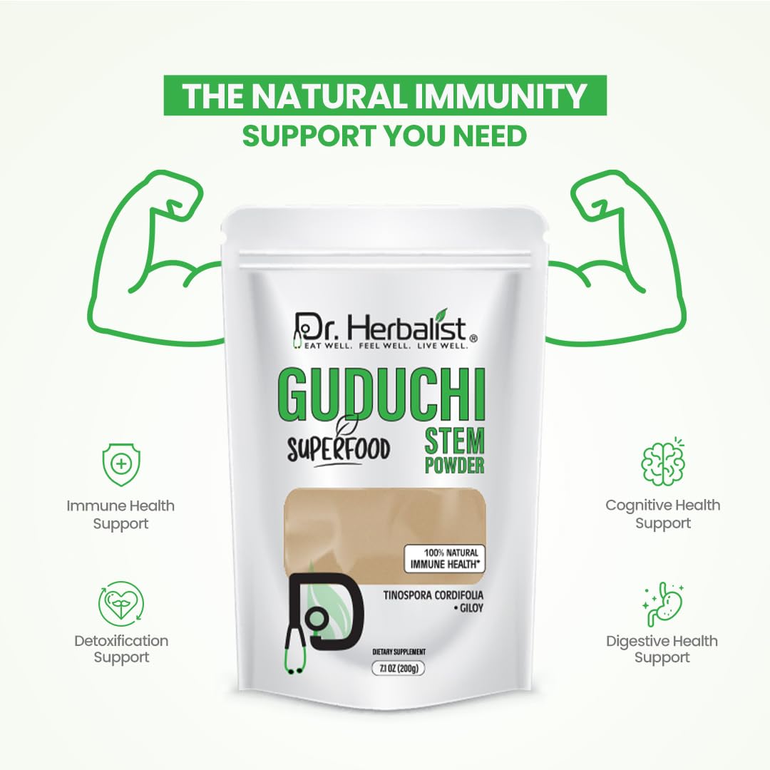 Back label of Dr. HERBALIST Guduchi herbal supplement showing serving size and botanical facts.