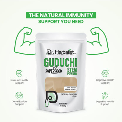 Back label of Dr. HERBALIST Guduchi herbal supplement showing serving size and botanical facts.