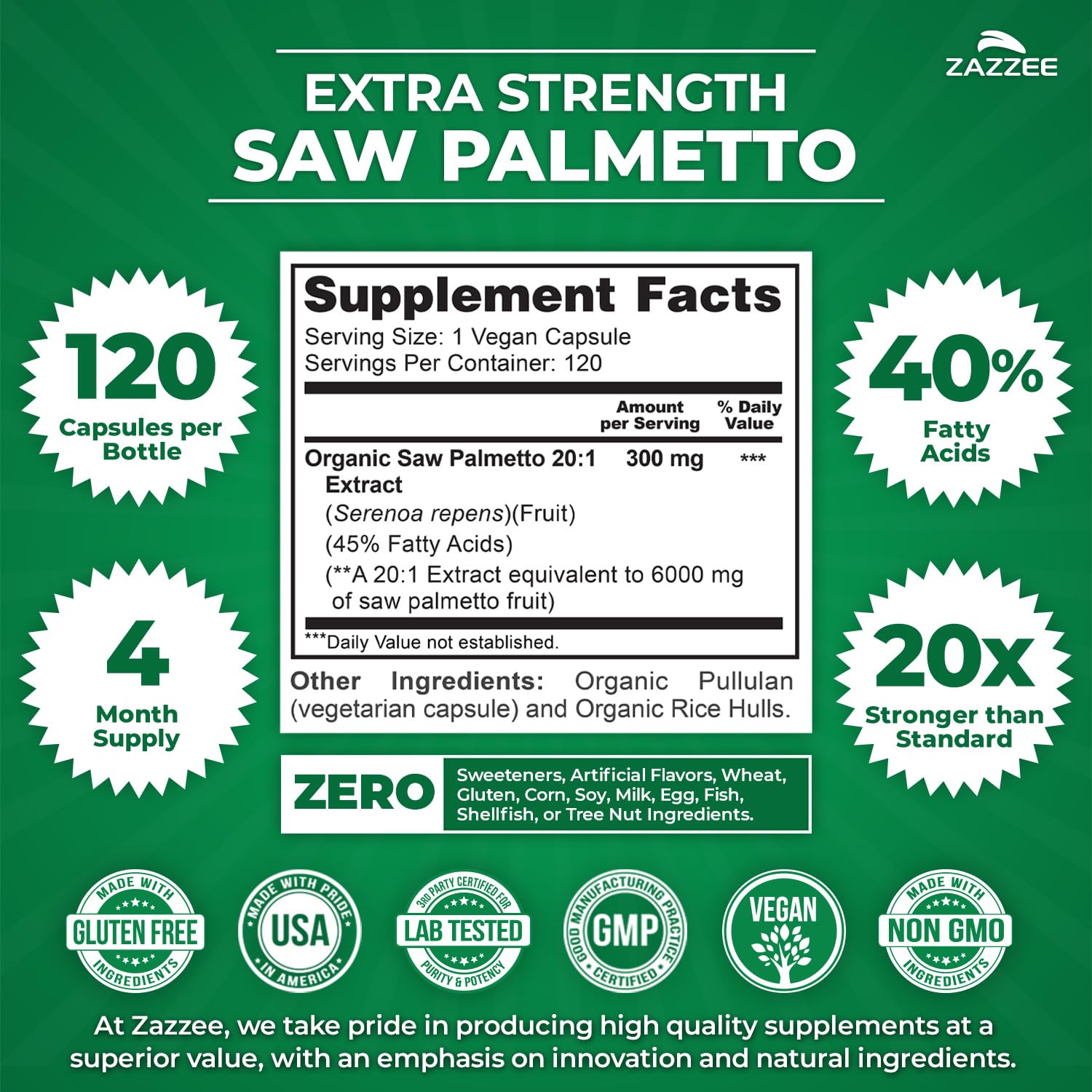 Zazzee Saw Palmetto 20:1 extract 120 vegan capsules supplement facts label