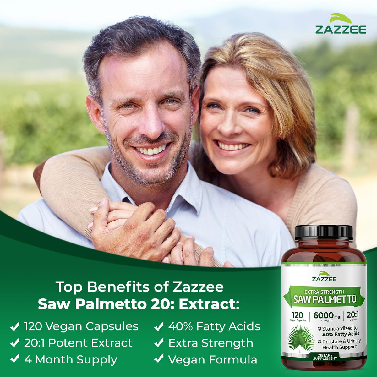 Zazzee Extra Strength Saw Palmetto 40 percent fatty acids dosage instructions